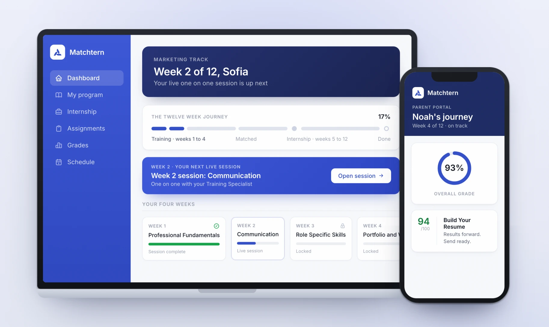 Matchtern student portal dashboard
